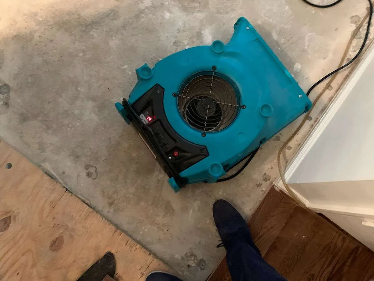 Air mover drying subfloor during Commercial Water Damage Restoration in Lockwood